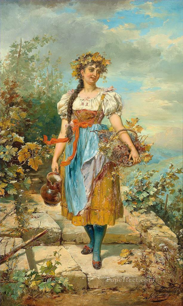 ブドウかごを持つ少女 ハンス・ザツカ 美しい女性 女性油絵